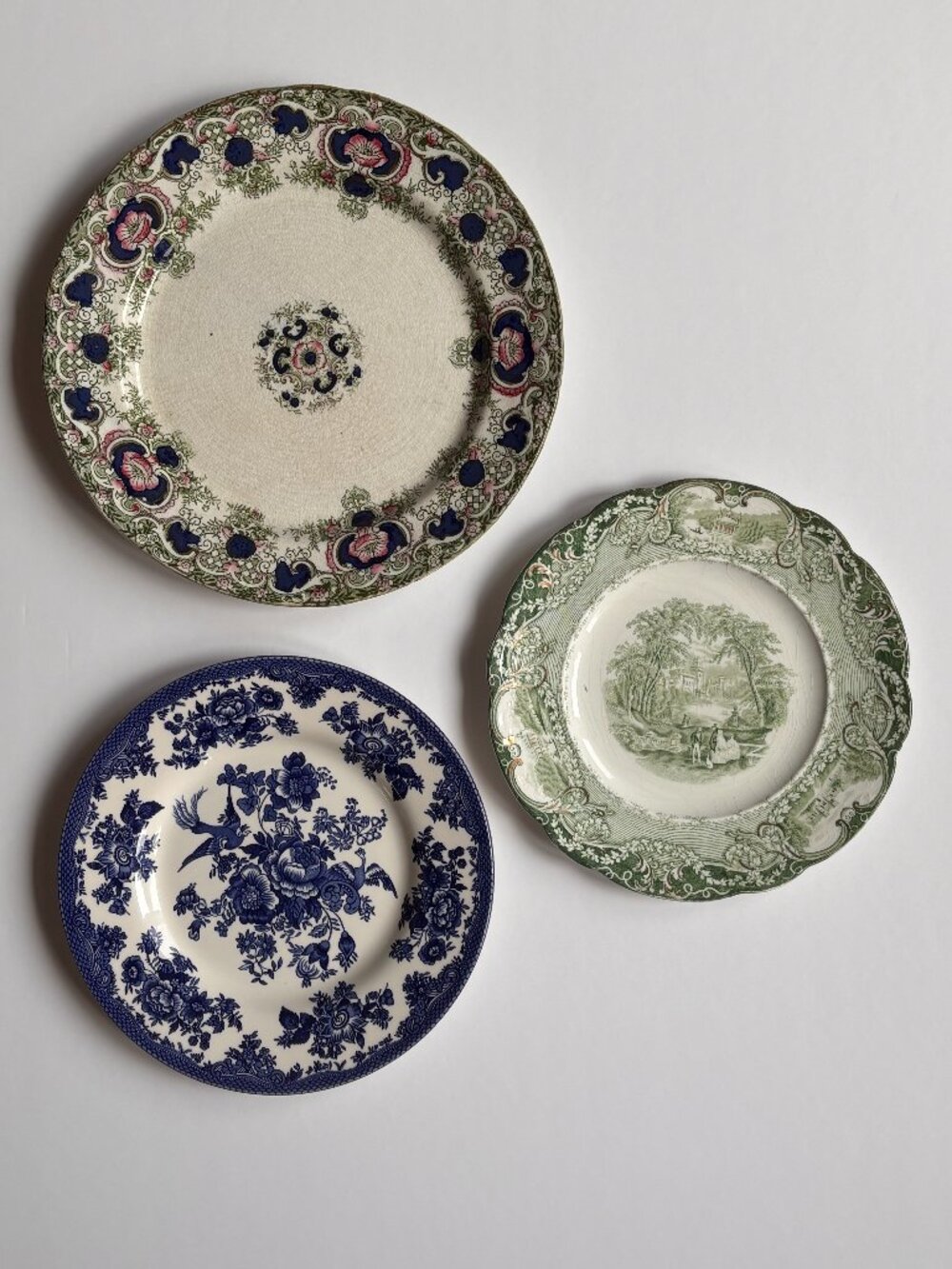 Curated Vintage Green And Blue Transferware Plate Pairing
